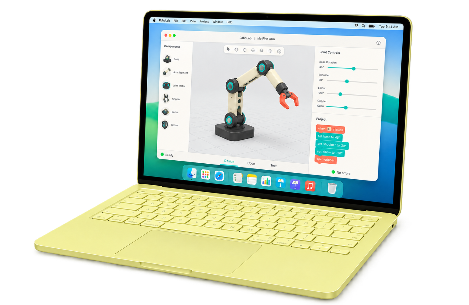 Cytrynowo-zielony MacBook Neo z projektem robotycznego ramienia na ekranie