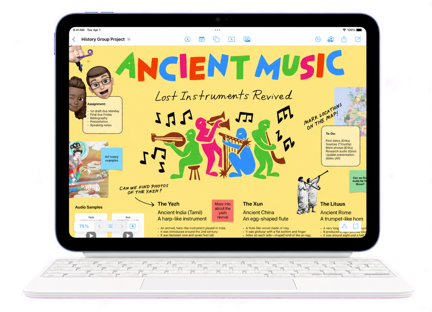 Niebieski iPad z białą klawiaturą i edukacyjnym projektem historii na ekranie