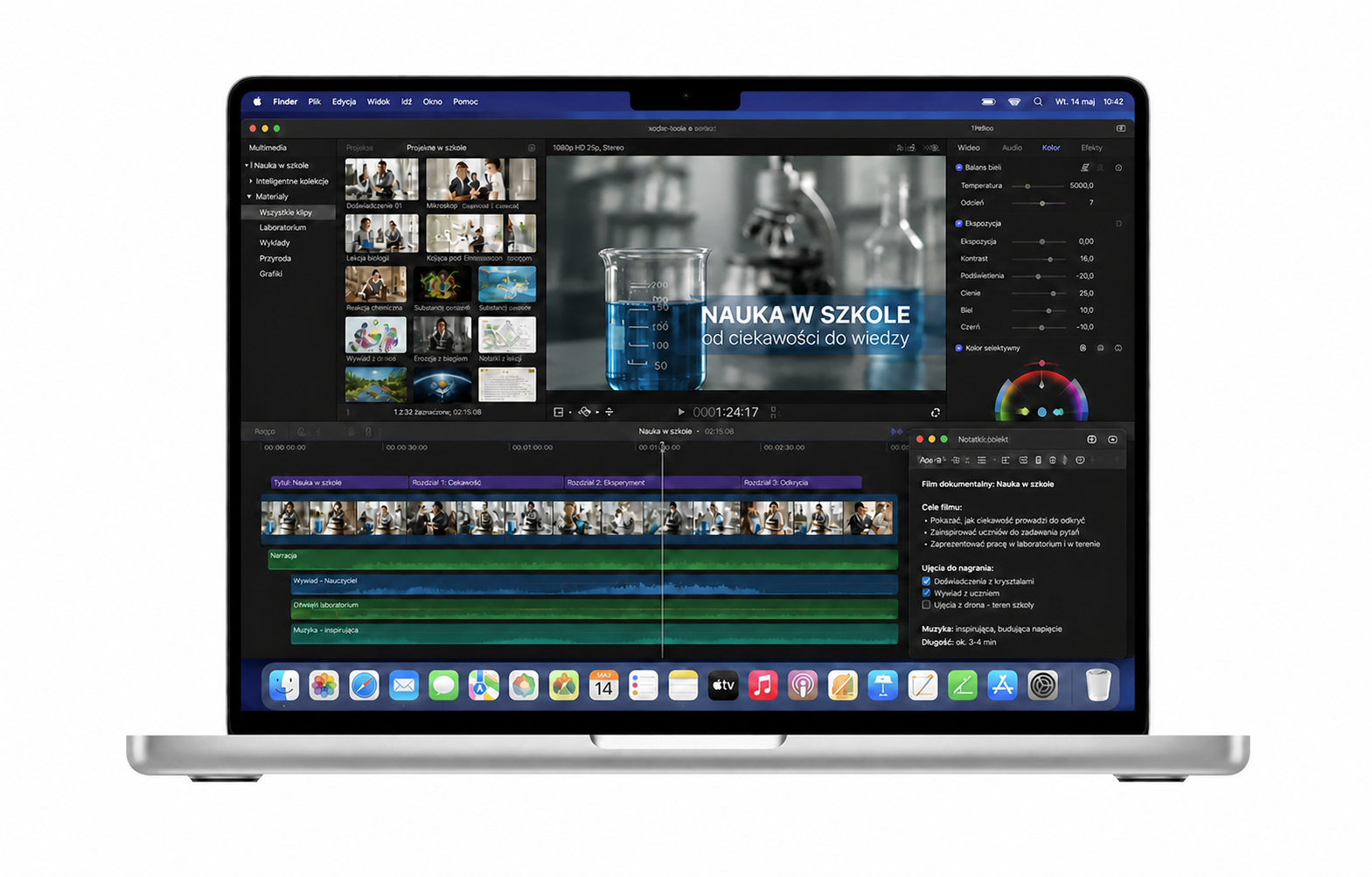 Srebrny MacBook Pro z projektem montażu szkolnego filmu otwartym w macOS